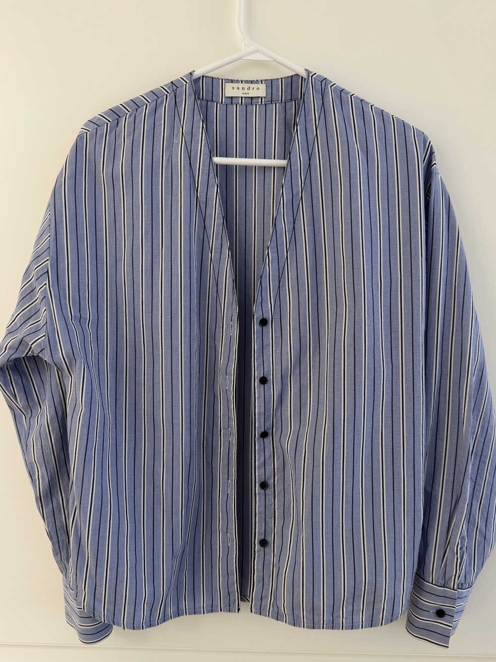 Sandro Paris Blue White Striped V-Neck Button Up Cotton Blouse